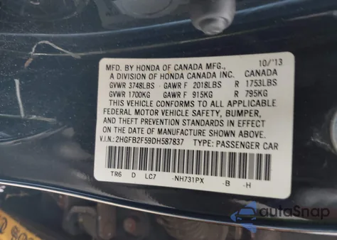 2013 Honda Civic Lx z USA, uszkodzony, nr VIN 2HGFB2F59DH587837